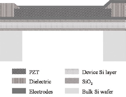 Cross section of a pMUT laminate structure with component layers.