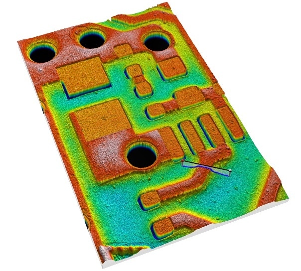 3D surface profile scan of an PCB board. The measurement place and direction is marked on the image.