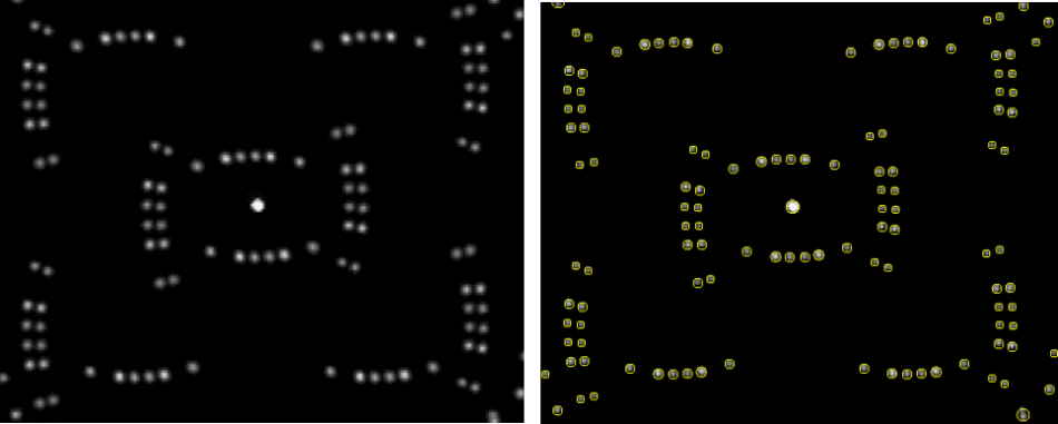 A sample DOE dot pattern before (left) and after analysis (right) using automatic dot detection in Radiant’s TrueTest™ Software. The software measures maximum peak (strongest emitter), maximum peak location (inclination/azimuth), maximum peak averages, maximum peak solid angle, number of pixels as maximum peak point, spot power uniformity (between dots), total flux, and DOE flux, along with dot-by-dot measurements for comprehensive analysis.