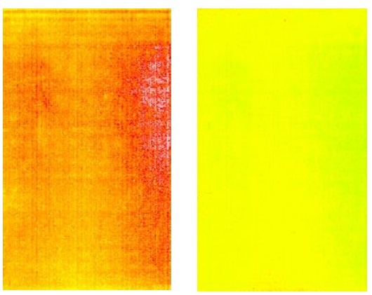 Captured images of a blue test screen on an OLED display before and after demura correction (shown using false color to illustrate luminance levels).