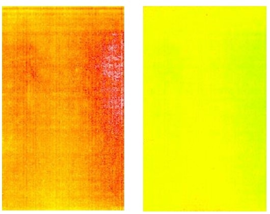 Captured images of a blue test screen on an OLED display before and after demura correction (shown using false color to illustrate luminance levels).