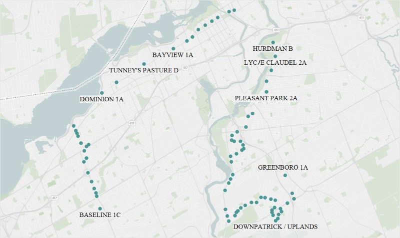 Map showing OC Transpo Route