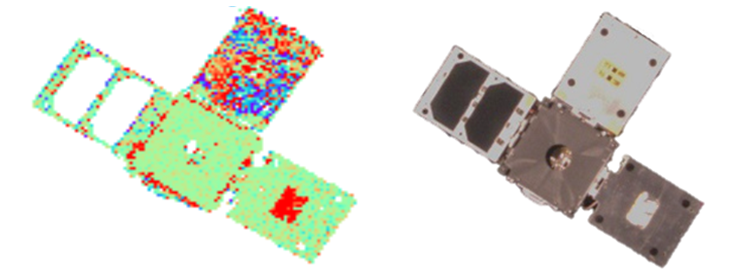 Left, LiDAR image with colors indicating distances. Right, camera image