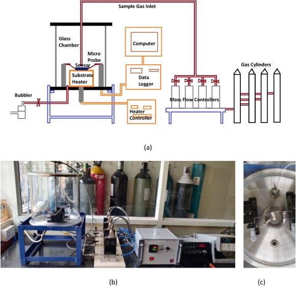 (a) Schematic of the gas sensing set-up, (b) its image, and (c) sensor over the heater with micro-probes.