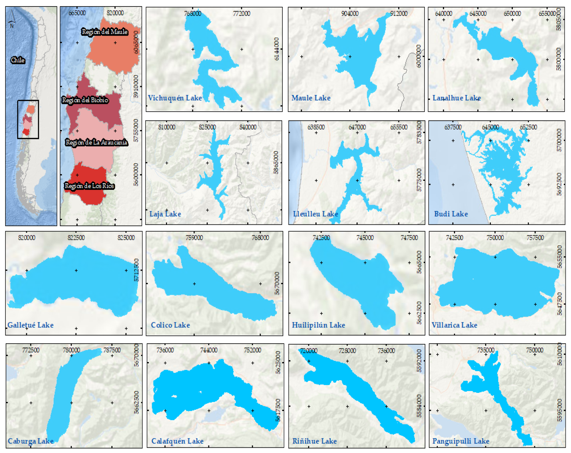 The Maule, Bío-Bío, Araucanía, and Los Ríos regions, located in south-central Chile and the lakes analyzed in this study.