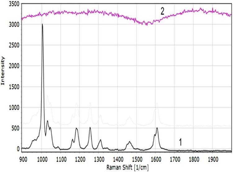 SERS spectrum of liquid anisole (1) and 100 ppb concentration anisole (2) on Ag/Si 3D substrate.