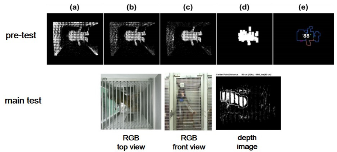 Automated program process for pre-test: (a–d) background reduction and noise elimination, (e) centroid, centroid area, and measuring point identification. RGB and depth images from the main test
