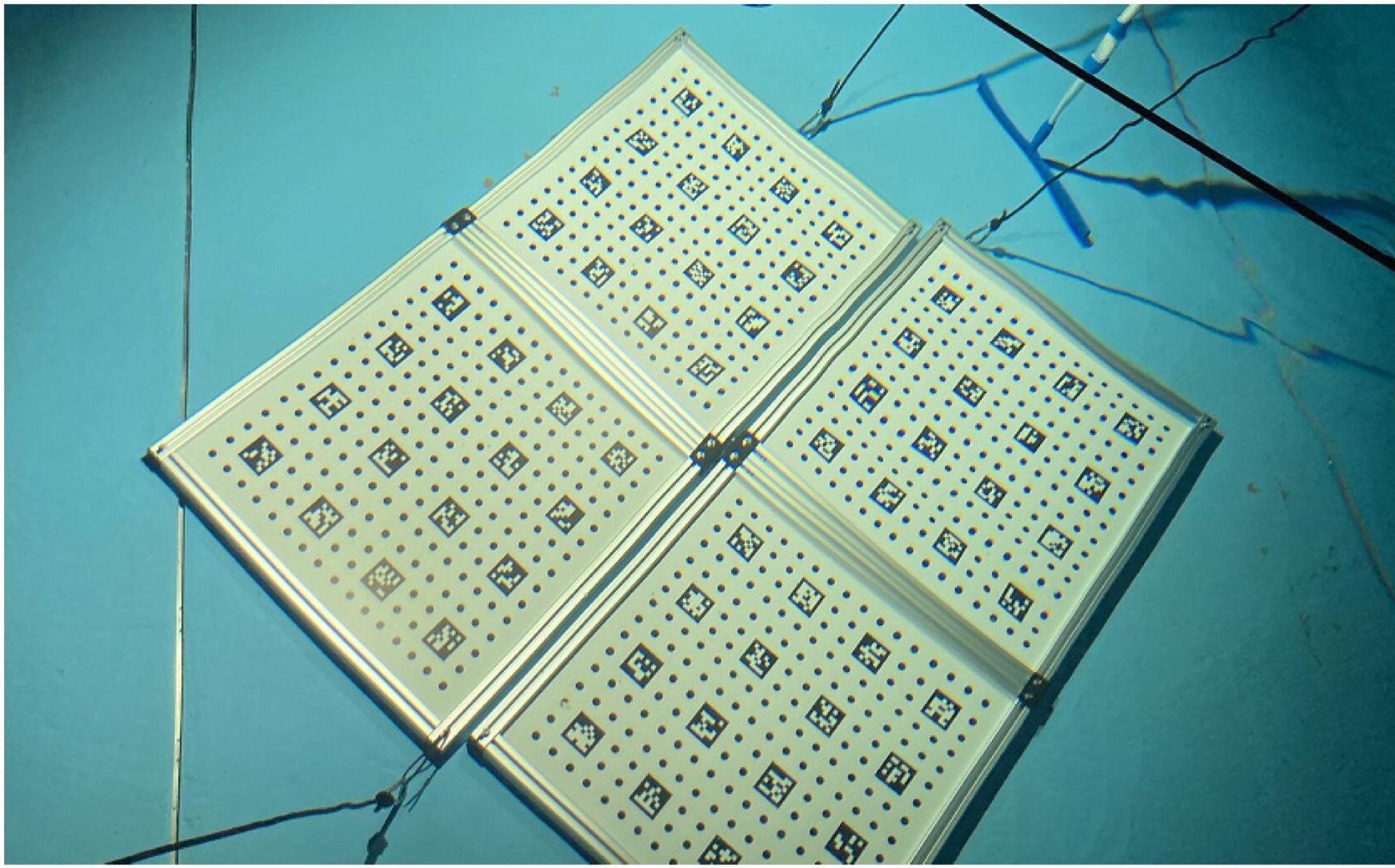 Sheets with ArUco markers combined with circle grids are used for calibration.