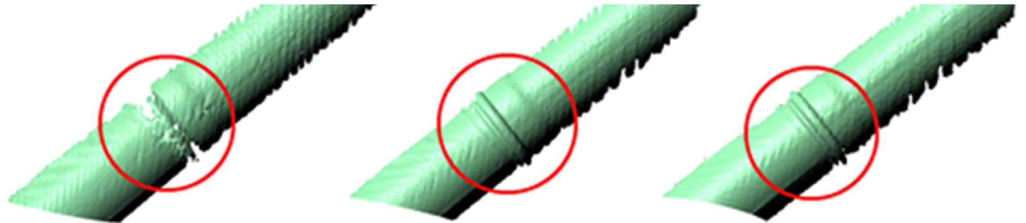 3D reconstruction result of underwater pipe measurement at 0.7 m/s sensor velocity without motion compensation (MC) (left), manual MC (middle), and automatic MC (right).