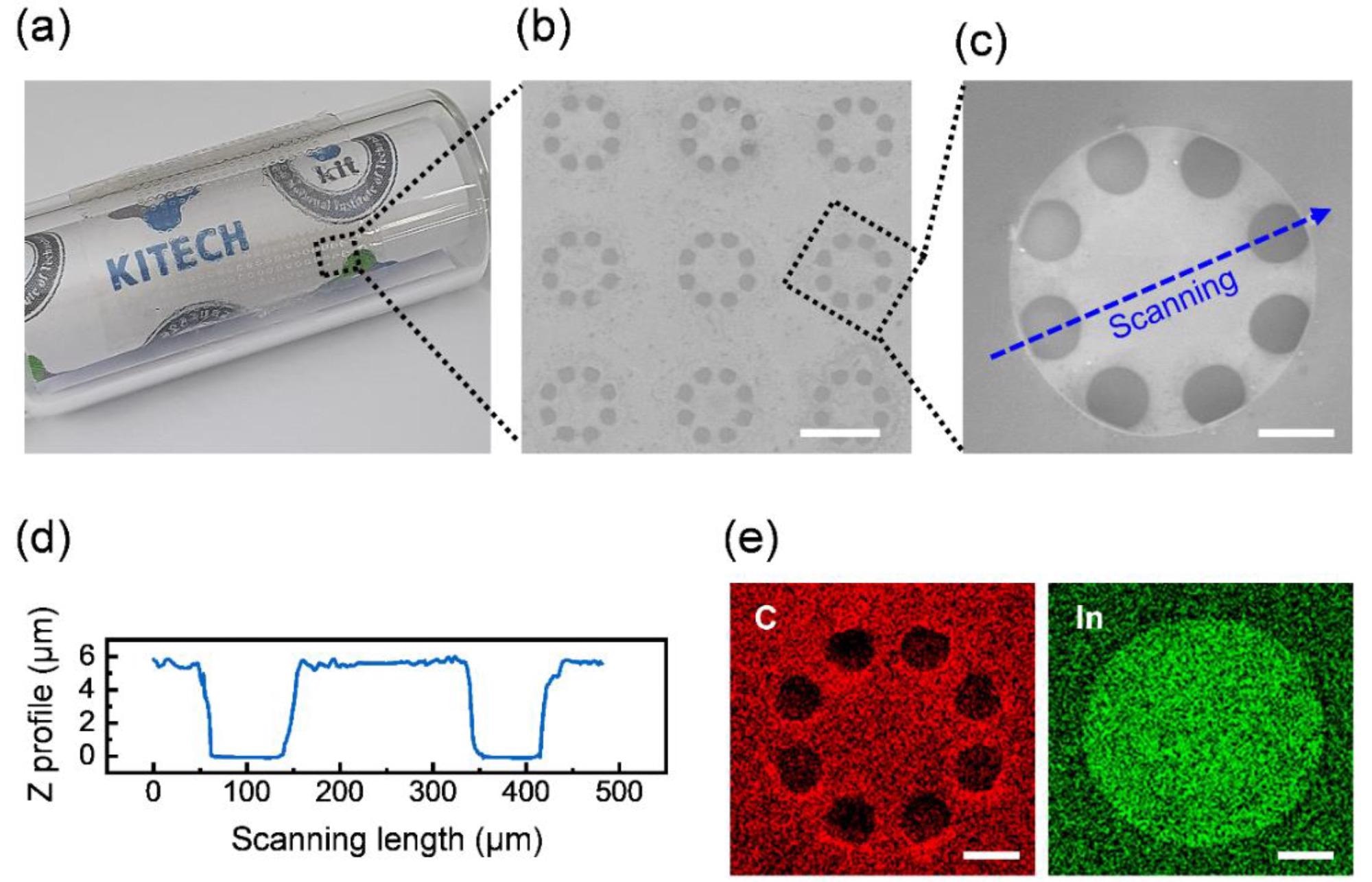 Configuration of the vibration sensor. (a) Photographic showing the transparency and flexibility of the vibration sensor. SEM image of (b) the diaphragm array (scale bar, 400 nm) and (c) a diaphragm structure of the vibration sensor (scale bar, 100 nm). (d) Height profile of cross-sectional view for the suspended diaphragm structure. The scanning route of (d) is shown in the dashed arrow of (c). (e) Carbon and indium elemental mapping data were obtained using energy-dispersive X-ray mapping analysis for the same diaphragm in the SEM image (c) (scale bar, 100 nm).