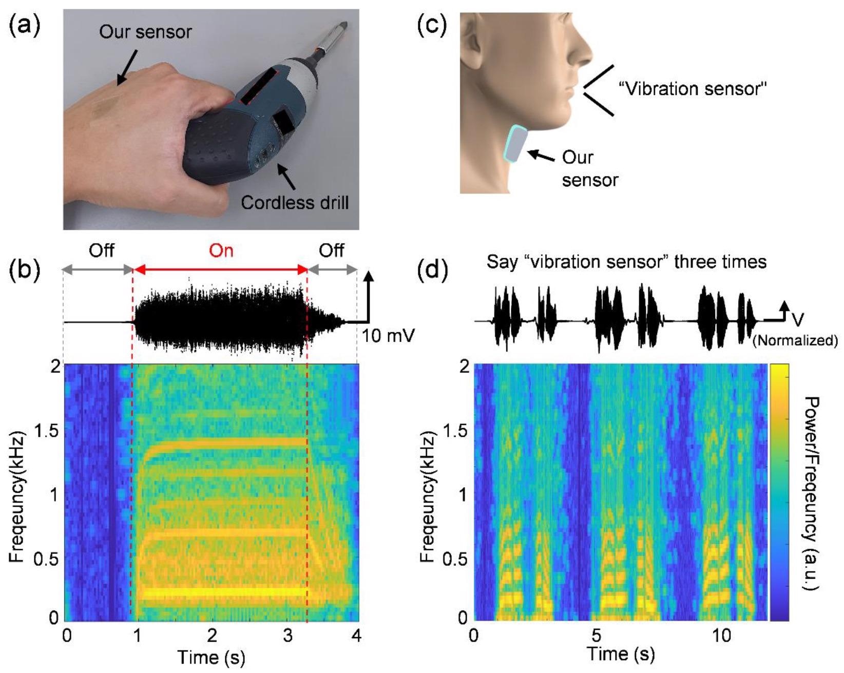 Vibration sensing application of the transparent and flexible vibration sensor. (a) Photographic image of the vibration sensor attached to the back of the hand, which grabbed a cordless drill. (b) Output waveform and frequency spectrum of the transmitted vibration to the hand-measured by the vibration sensor when a cordless drill is turned on and off. (c) Schematic of the vibration sensor attached to the human neck skin. (d) Output waveform and frequency spectrum of the spoken voice measured by the vibration sensor when a human said “vibration sensor” three times. The output waveforms were filtered by removing electrical noise signals owing to external electromagnetic fields.