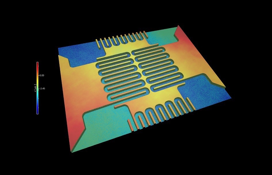 Close-up of MEMS pressure sensor for surface topography characterization.