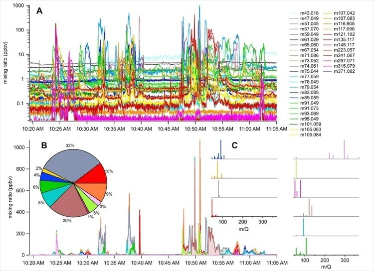 A. An overwhelming variety of VOCs observed at the petrochemical industrial park, with concentrations ranging from 10 ppt to 1000 ppb. B. Factor analysis of the observed VOCs reveals a smaller number of sources, each with a distinct VOC composition. The pie chart shows the contribution of each source to total VOC. C. Mass spectra of the sources containing mixed VOCs.