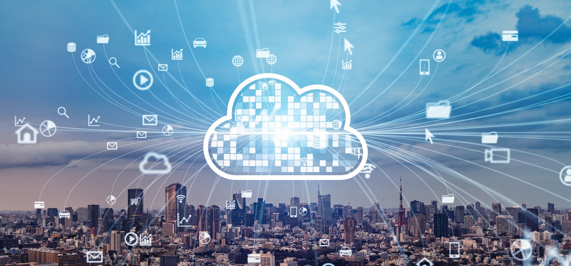 Modern city and cloud computing concept.