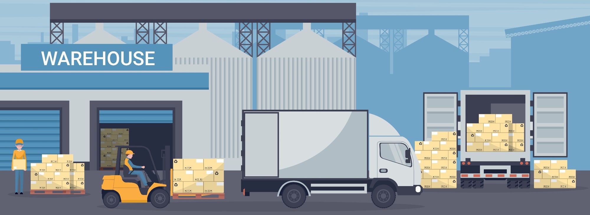 Forklift unloading pallet from cargo container or refrigerated truck to an industrial warehouse. Industrial storage and distribution of products