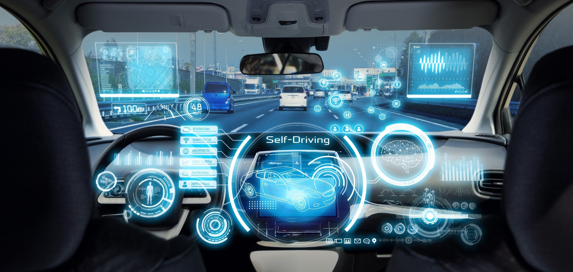 Cockpit of futuristic autonomous car.