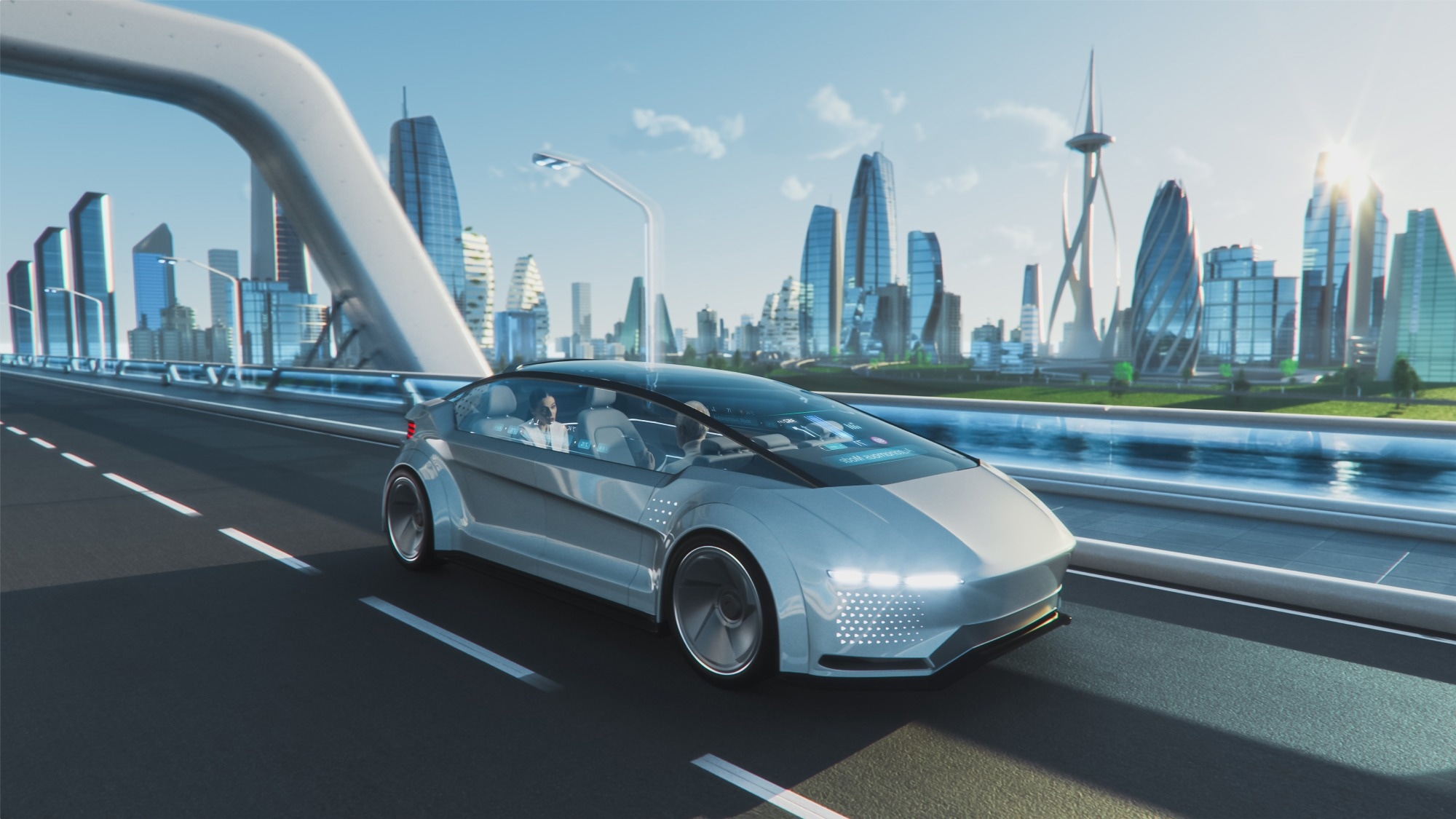 Artist rendering of an automated car with a city background landscape.