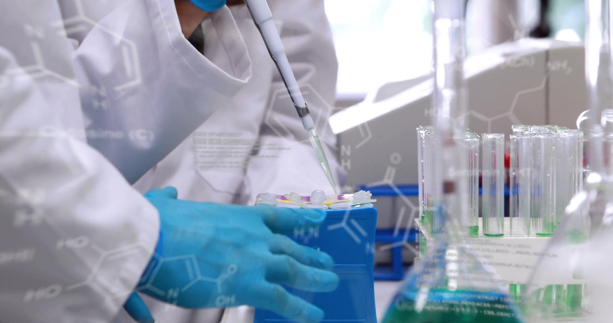 Fusion art of scientists creating a sample with blue nitride gloves and labcoats
