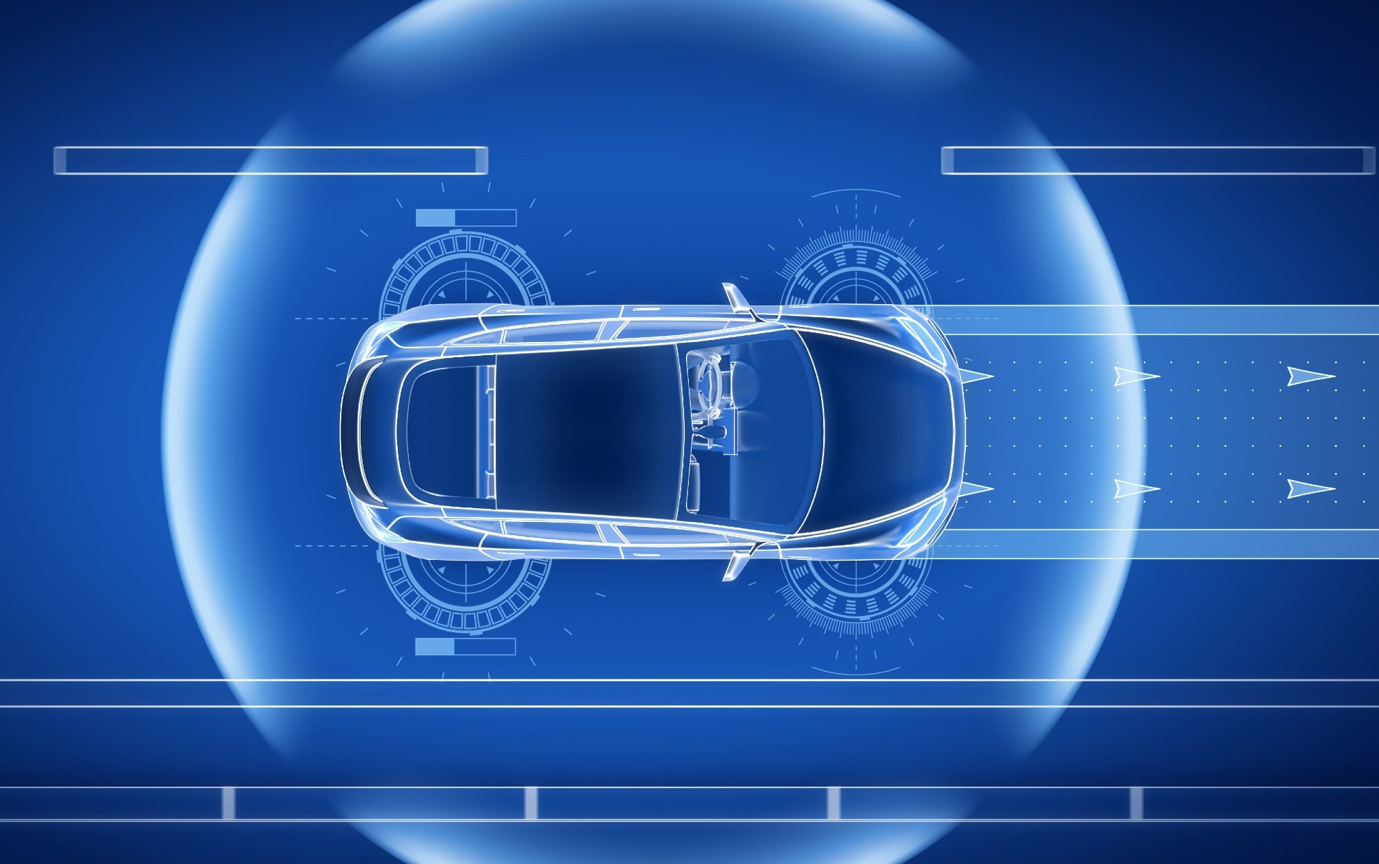 Artistic rendering of a futuristic car, in blue and indigo colours.