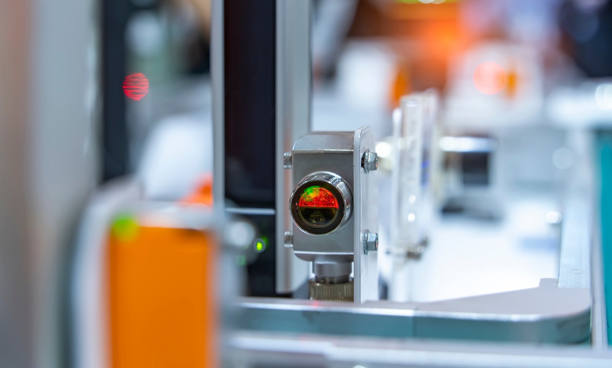 transducer on industrial machine robot in assembly line working in factory. Smart factory industry 4.0 concept.