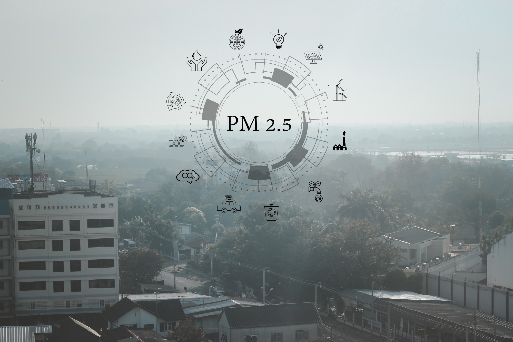 Infographic of PM 2.5 with a background of pollution.