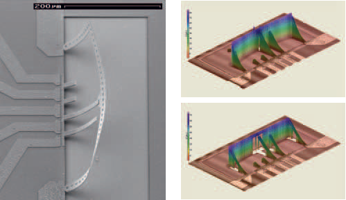 SEM view of a magMEMS (on the left); resulting deflections for off and on states (on the right).