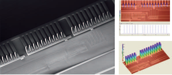 MEMS flow microsensors co-integrated with SOI CMOS circuits: SEM view (on the left), 2D and 3D topography profiles (on the right).
