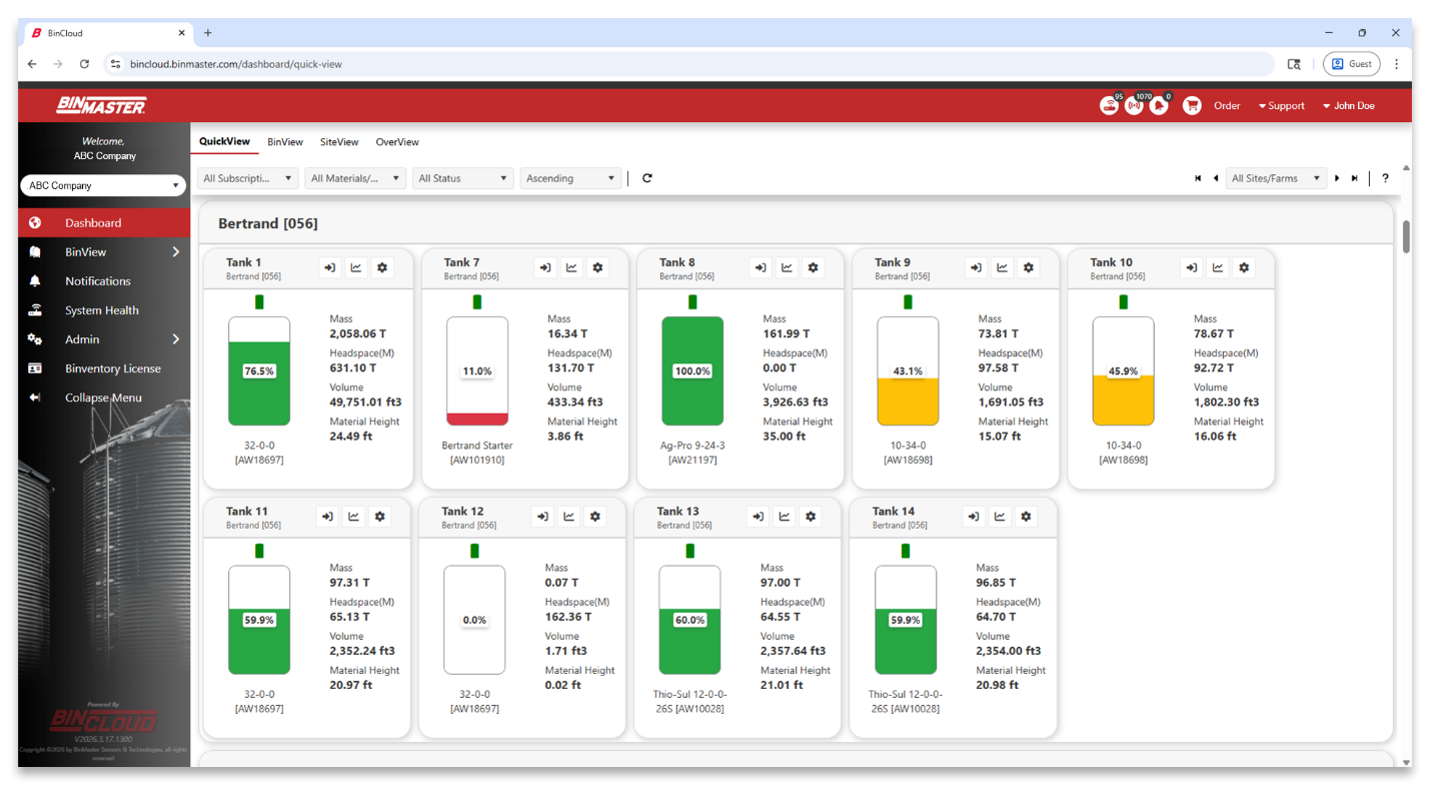 The “QuickView” dashboard of BinCloud and Binventory 2.0 software displays all bins, tanks, and silos in one location for easy interpretation and actionable data