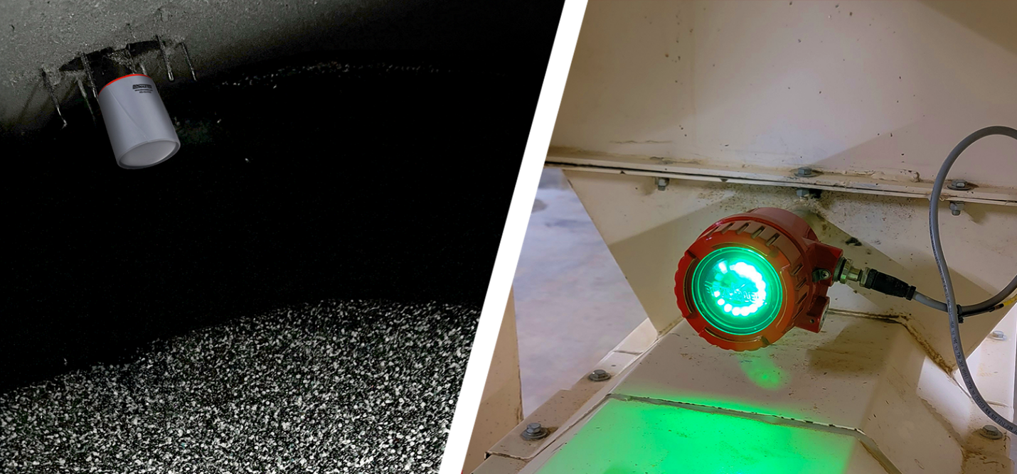 On the left, a compact non-contact radar sensor measuring resin pellets stored in a silo. On right, a VRX vibrating rod with its bright status indicator mounted in the cone of a hopper