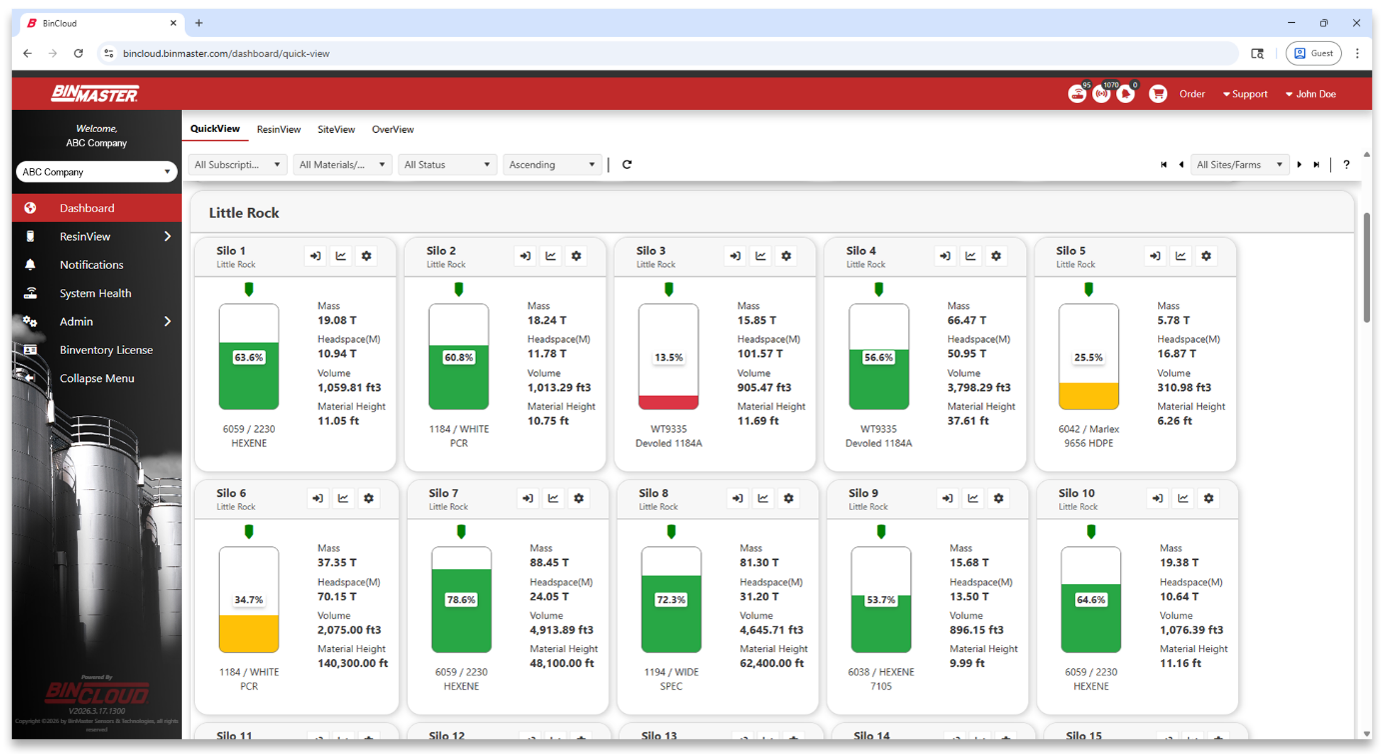 A glimpse of the ResinView® software interface, featuring real-time level monitoring with multi-bin visibility
