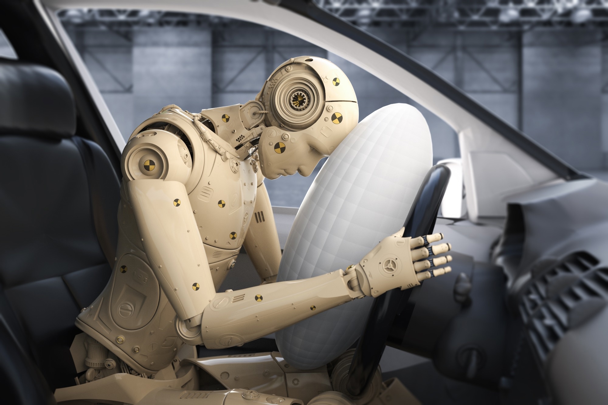Crash test with 3d rendering dummy hit with air bag.