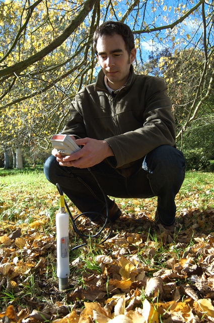 Taking a portable reading with PR2 soil moisture probe.