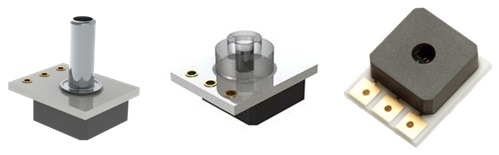 Merit Sensor harsh-media, extended-temperature sensors are available with optional ferrule (left), polycarbonate pressure ports (middle) for radial pressure sealing and standard face seal (right). Solder pins are also available to simplify system design.