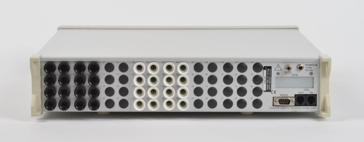The 964i rear panel accommodates up to 60 output terminals. Unit shown above with 16 + terminals (HV) and 16–terminals (return). The 964i ships with mating connectors for all +/– HV terminals 7 KV and higher. Custom length HV lead sets are optionally available.
