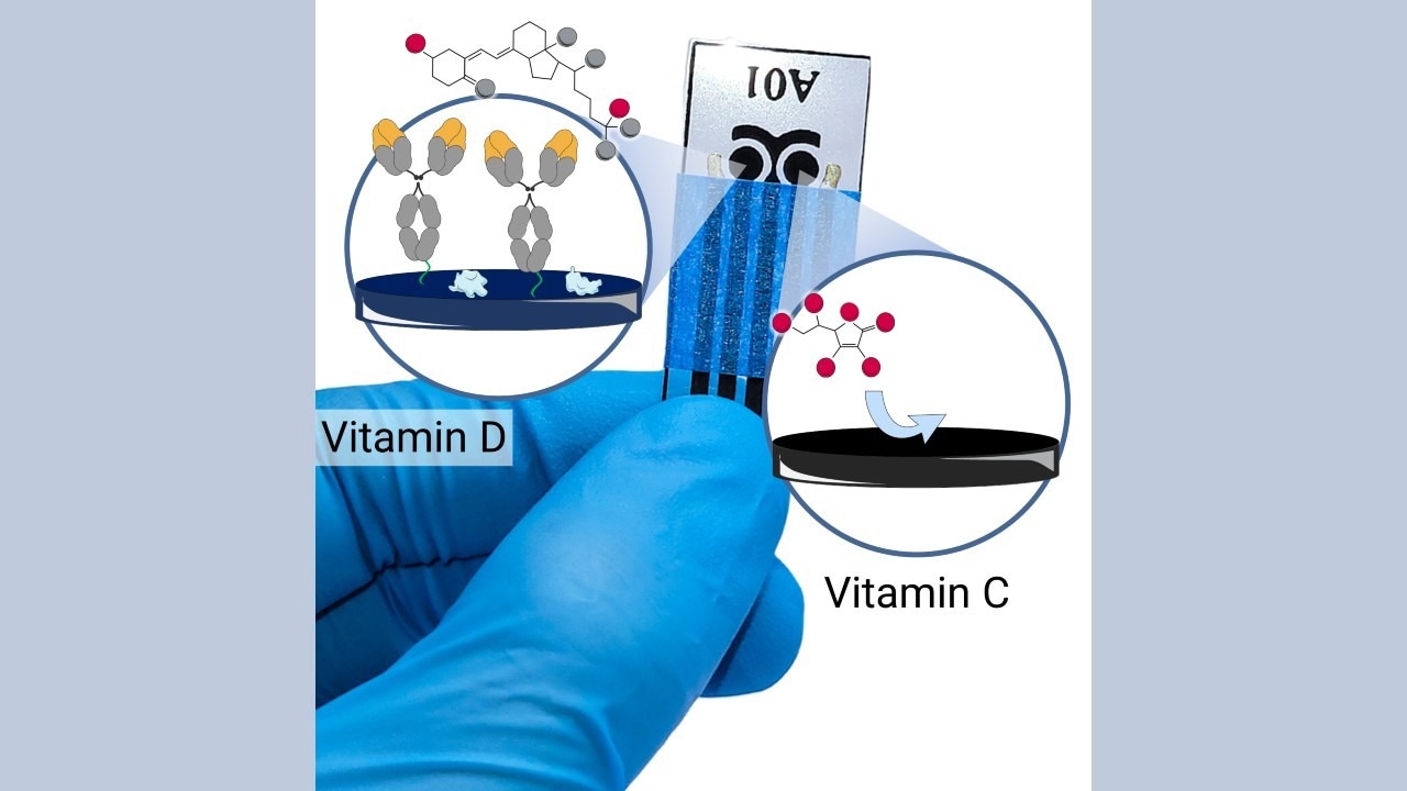 The chip contains two sensors, each of which uses electric current to detect a vitamin.