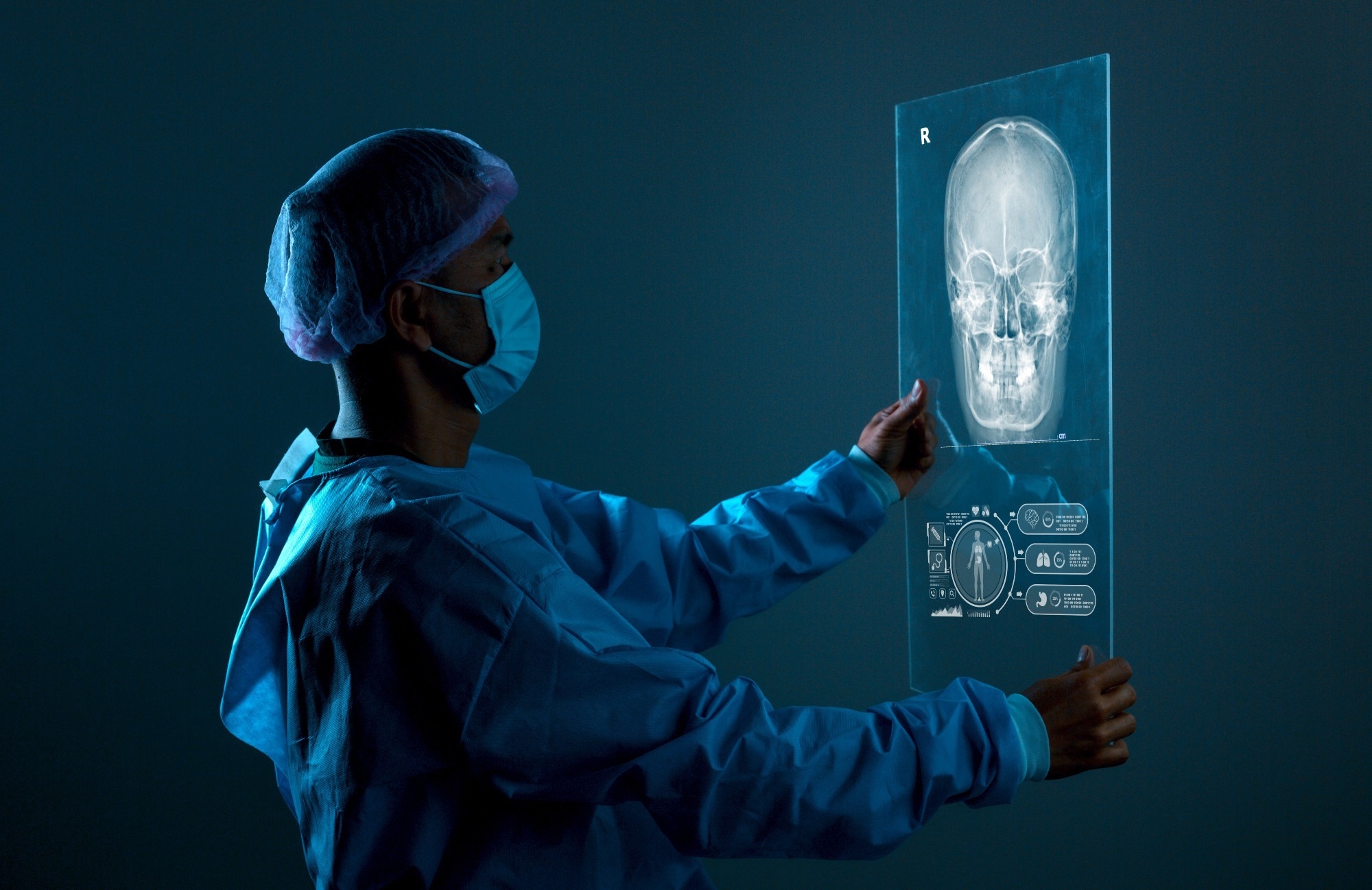 Doctor check up x-ray film of the brain by ct scan brain at patient