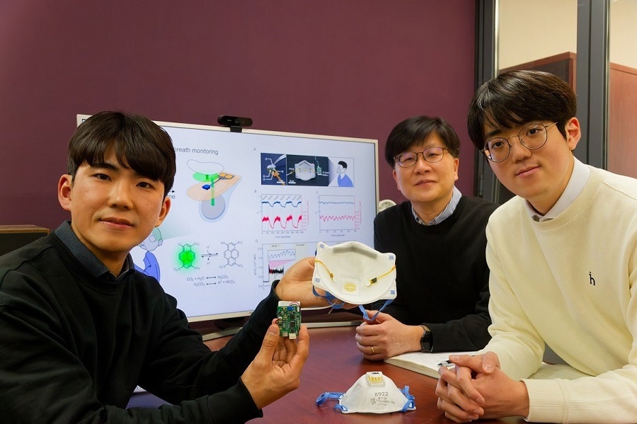 From the left, School of Electrical Engineering, Ph.D. candidate DongHo Choi, Professor Seunghyup Yoo, and Department of Materials Science and Engineering, Bachelor’s candidate MinJae Kim.