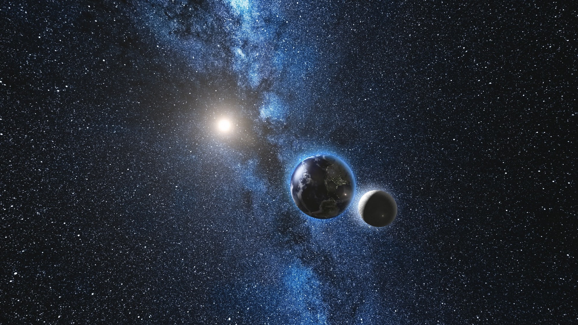 Sunrise view on Planet Earth and Moon satellite rotating and spinning in open space.