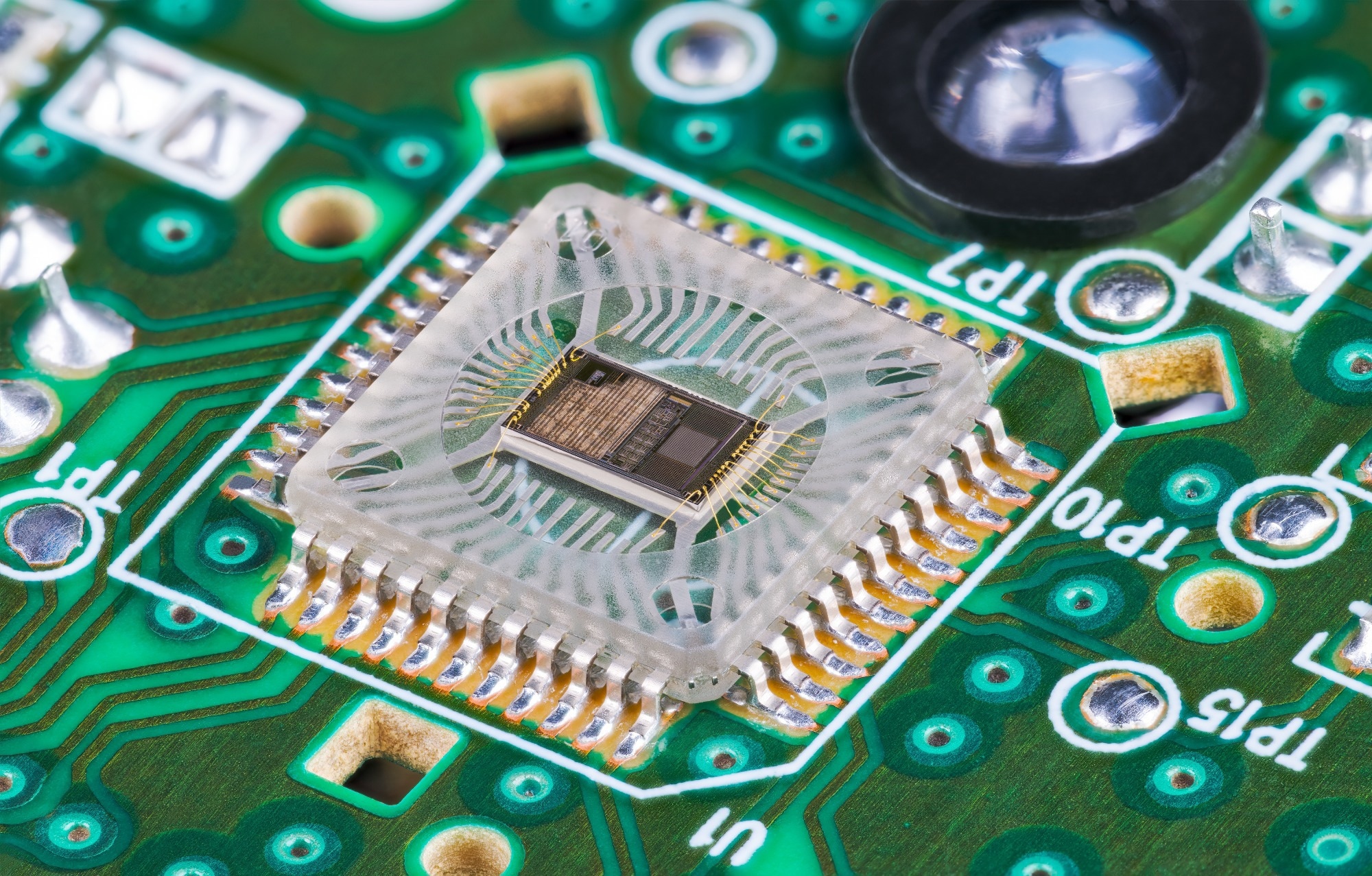 Closeup of microchip die inside optical sensor