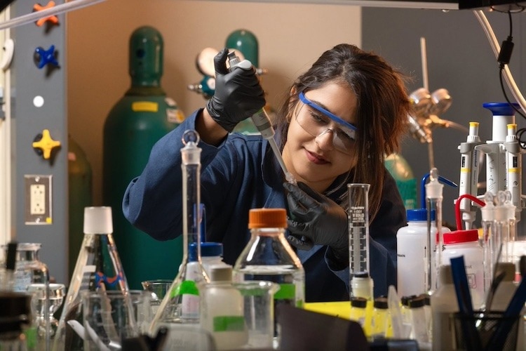 Ruma Paul, a Doctoral Student in Chemistry at UTEP, works in the lab on a device that can more easily and safely detect colorectal cancer.