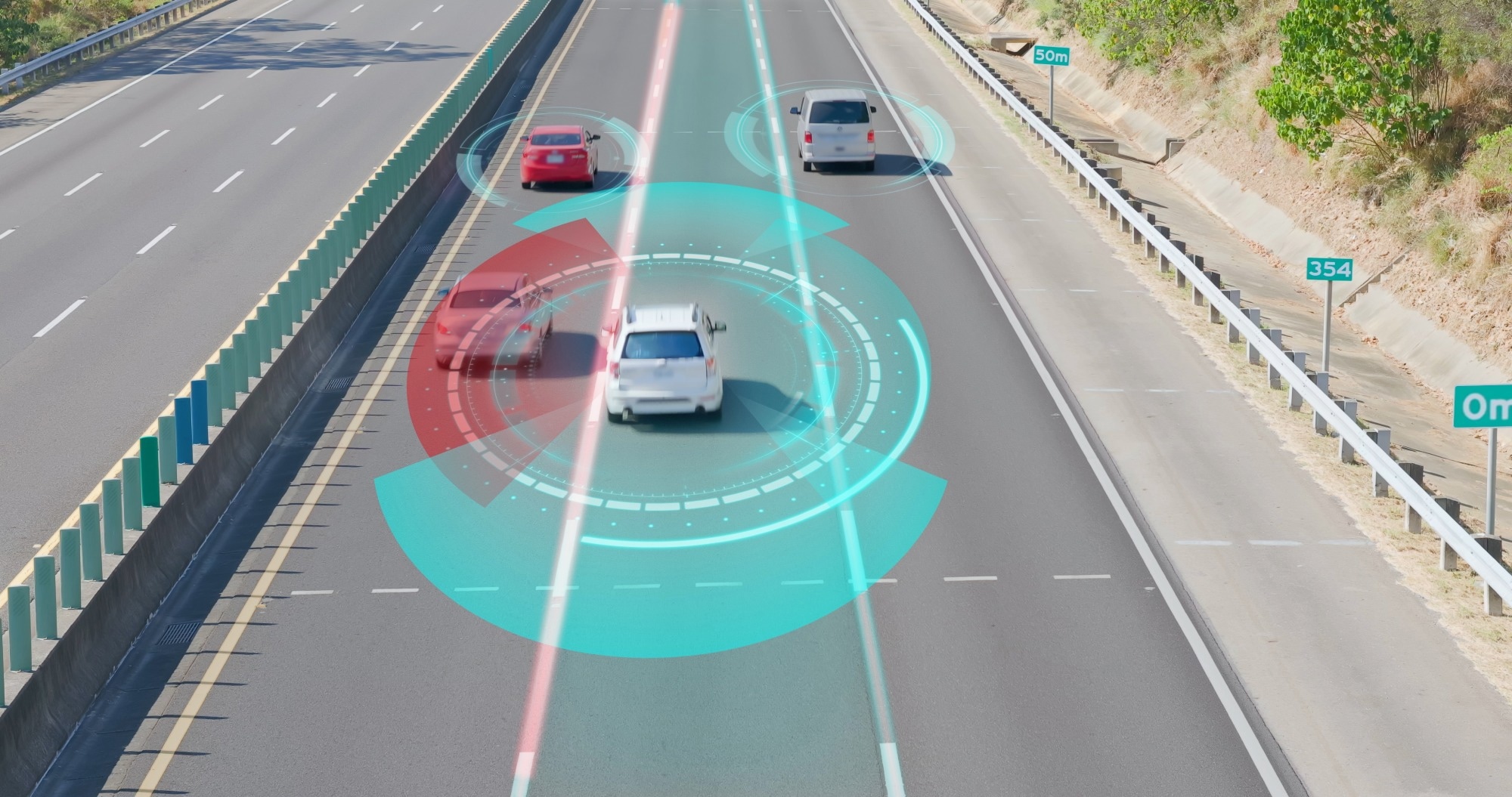 Autonomous Self Driving Car Moving Through highway.