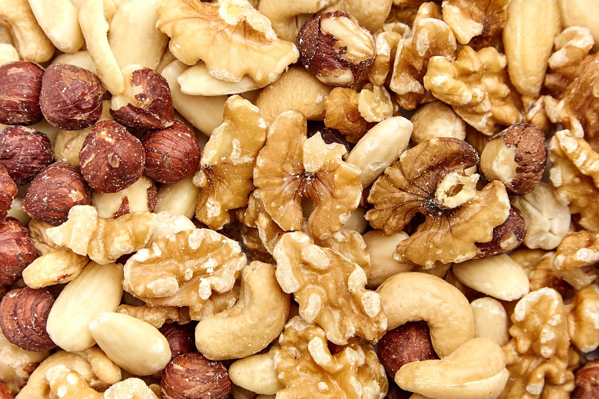 Close-up image of assorted mixed nuts, featuring walnuts, cashews, hazelnuts, and almonds.