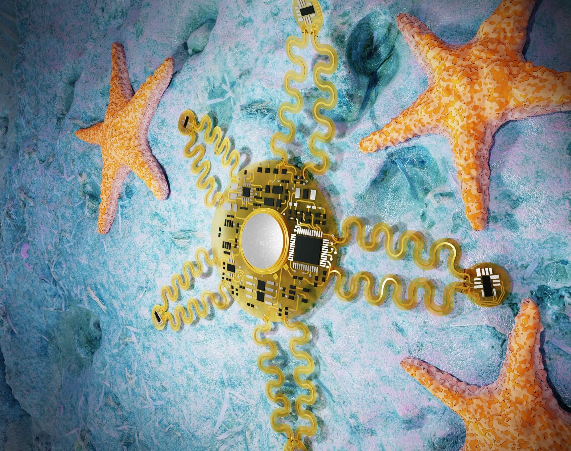 A graphic representation of the starfish-inspired wearable device alongside biological starfish. Image Credit: Zheng Yan