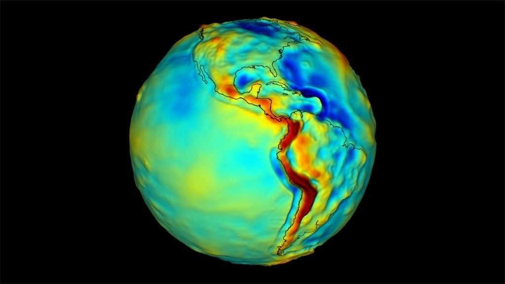 A map of Earth’s gravity. Red indicates areas of the world that exert greater gravitational pull, while blue indicates areas that exert less. A science-grade quantum gravity gradiometer could one day make maps like this with unprecedented accuracy.