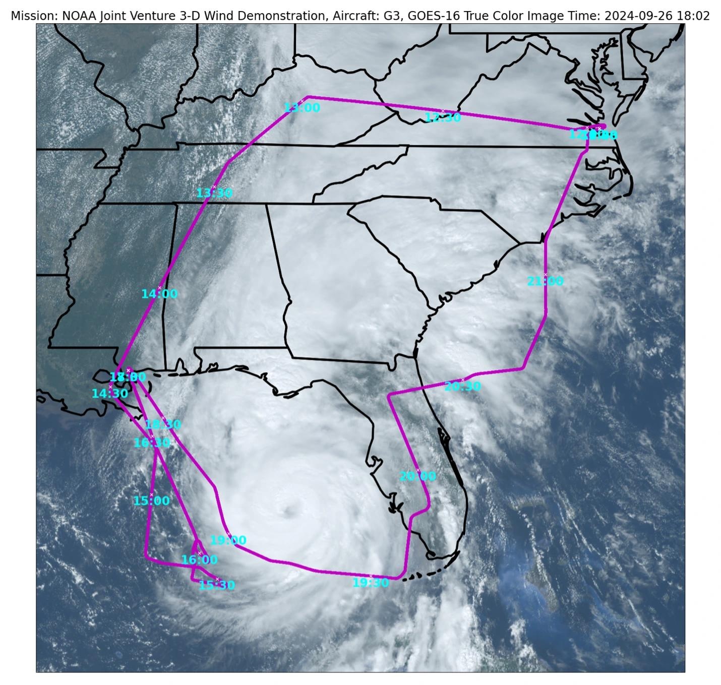 The flight plan of NASA’s G-III aircraft – outfitted with the Aerosol Wind Profiler – as it gathered data across the Southeastern U.S. and flew through portions of Hurricane Helene on Sept. 26, 2024. The flight plan is overlaid atop a NOAA Geostationary Operational Environmental Satellite-16 (GOES) satellite image from that day.