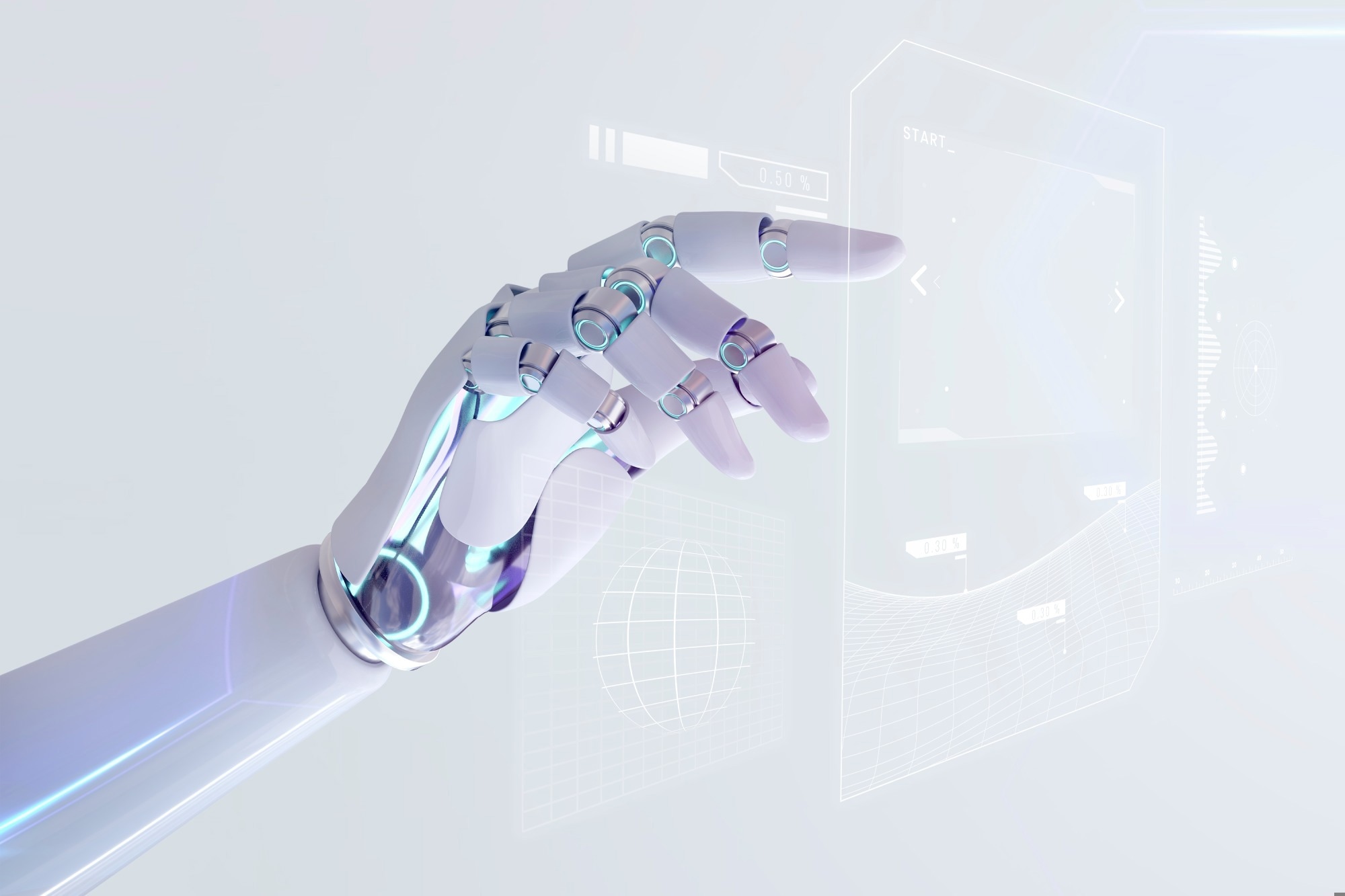robotic hand interacting with digital interface.