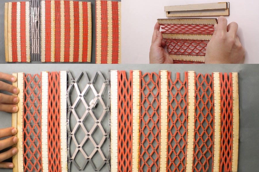 A meta-antenna (shiny latticed material) could be incorporated into a curtain that dynamically adjusts household lighting. Here, a prototype is seen retracted (top left), expanded (bottom), and next to the latching mechanism (top right).