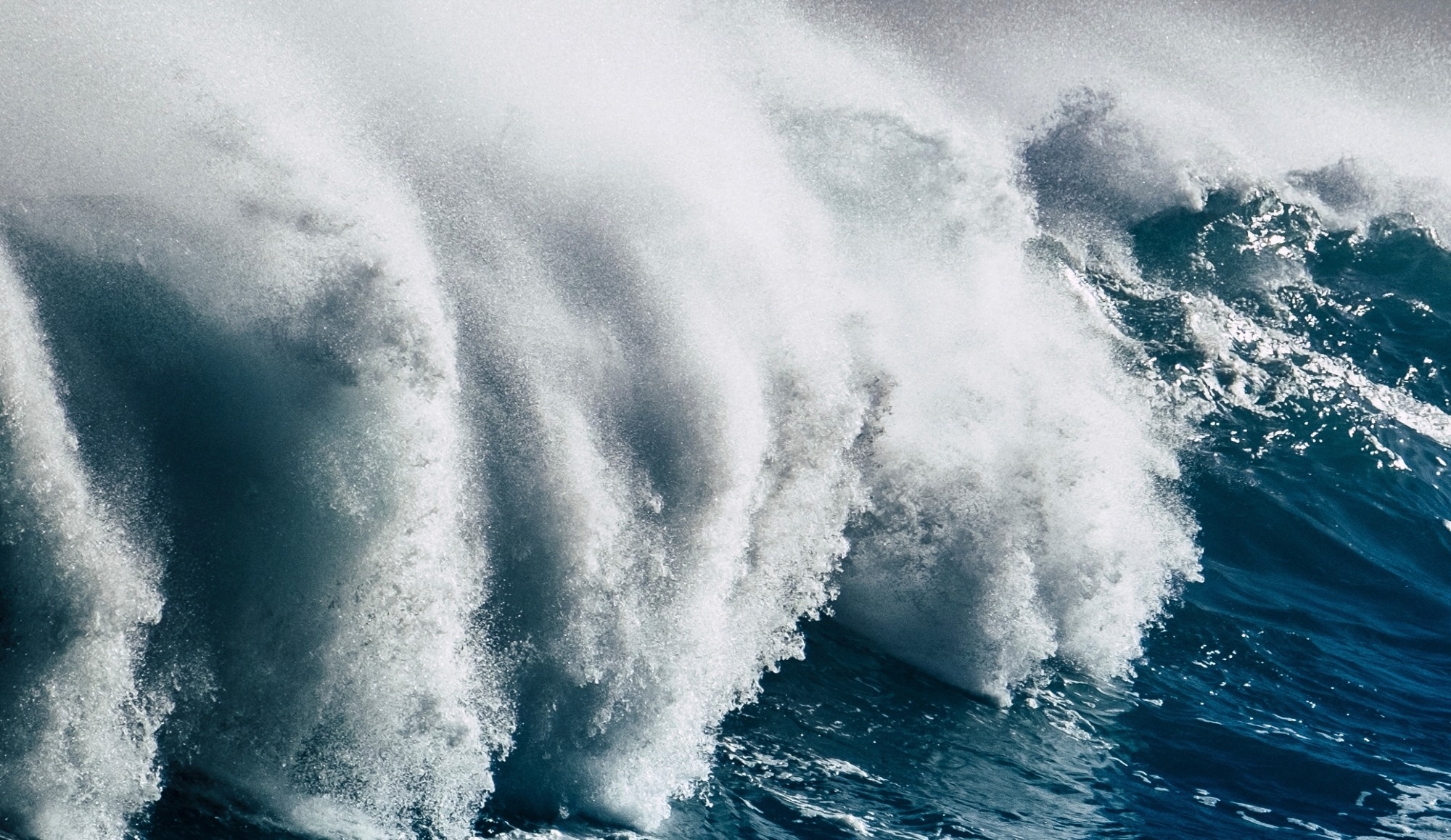 Large wave crashing in dark sea.