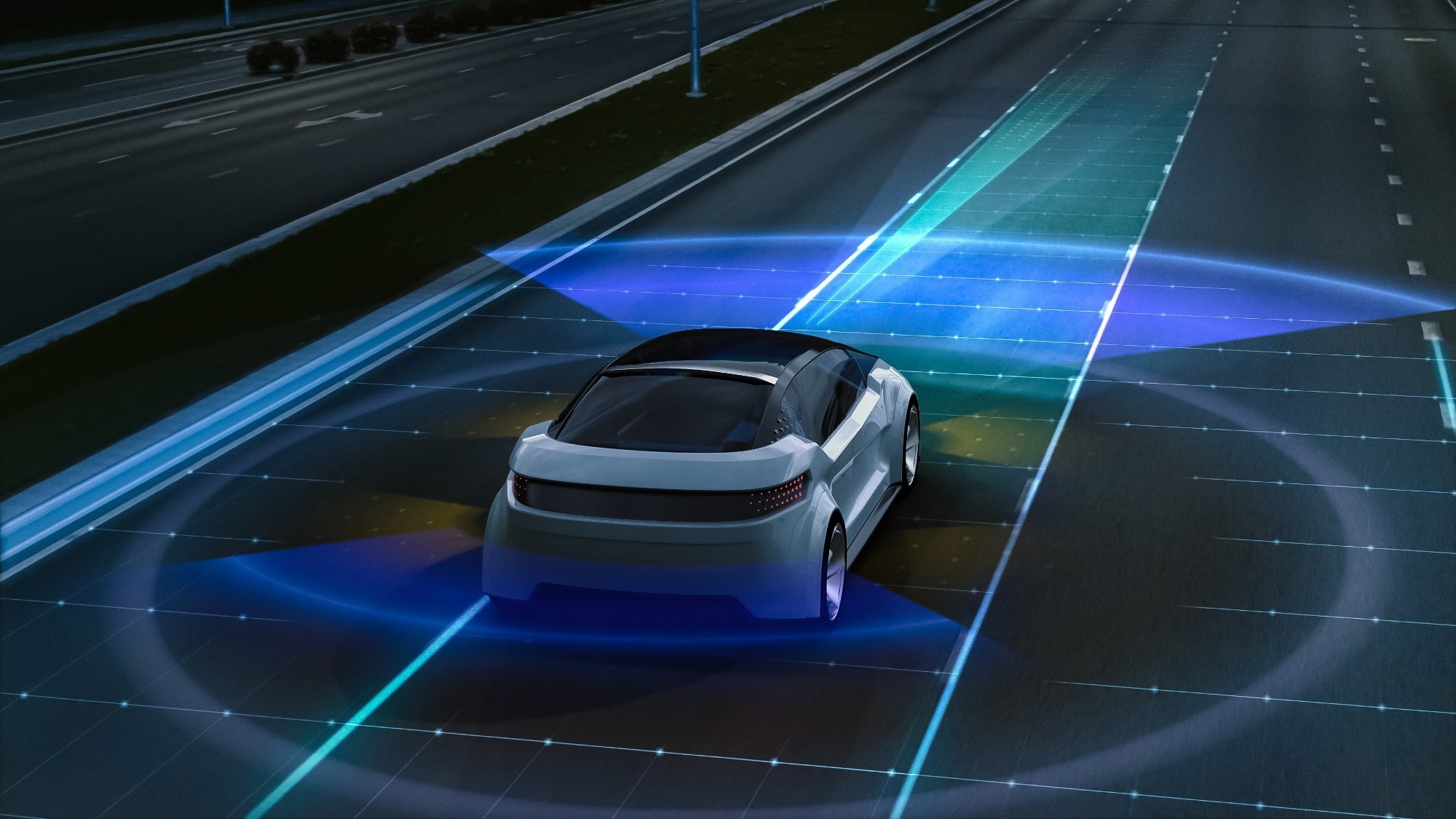 Futuristic 3D Concept Car. Autonomous Self Driving Van Moving Through City Highway. Visualized AI Sensors Scanning Road Ahead for Speed Limits, Vehicles, Pedestrians. Back View.