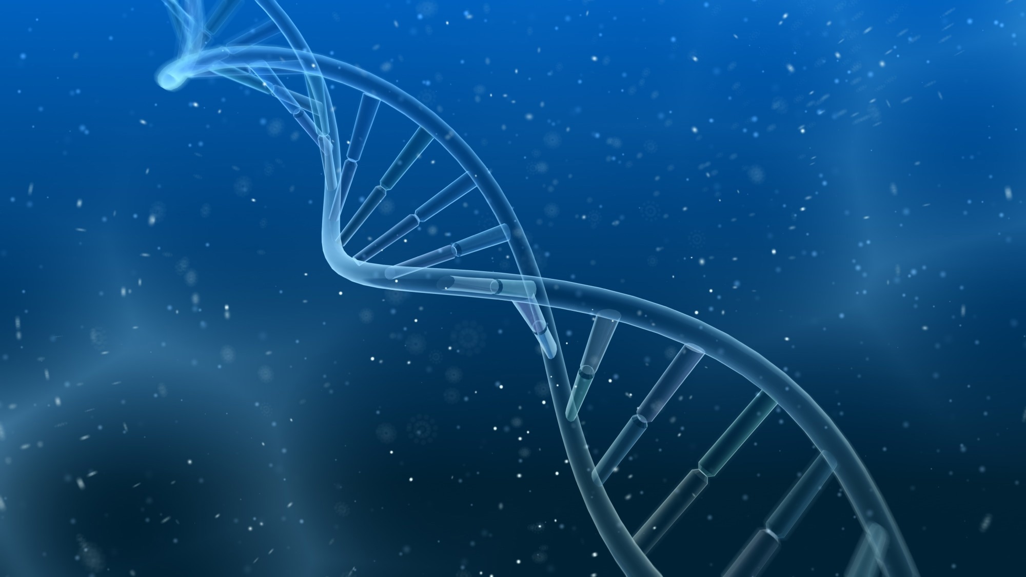 A vector/illustration of a DNA helix against a blue background.